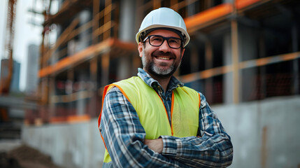 a engineer or architect wearing safety uniform and hard hat. smiling looking at camera at a construction site, front view, background, wallpaper. - obrazy, fototapety, plakaty