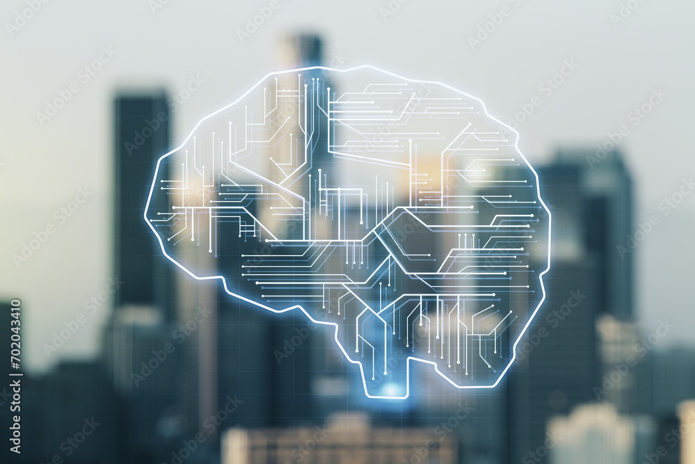 Aufkleber double exposure of creative artificial intelligence interface on blurry cityscape background. neural