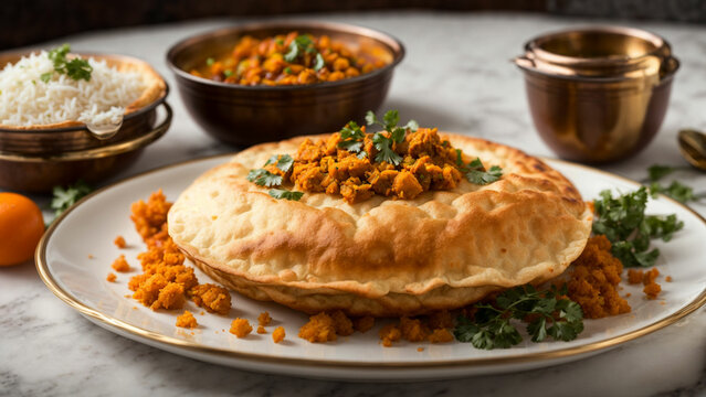 Capture the essence of Indian cuisine with a vibrant stock photo featuring golden-brown Bhature placed on a pristine white plate