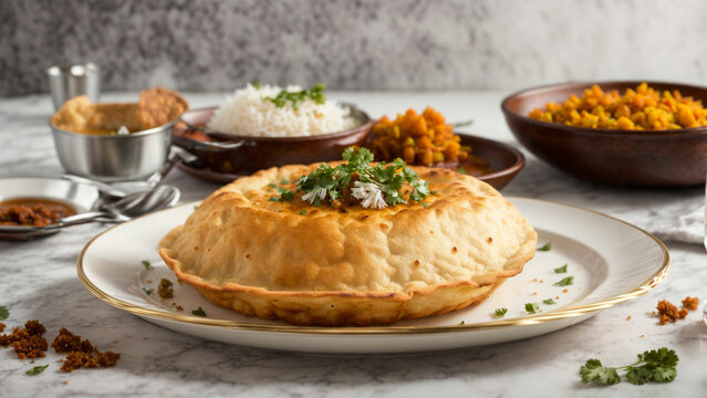 Capture the essence of Indian cuisine with a vibrant stock photo featuring golden-brown Bhature placed on a pristine white plate