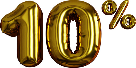 10% Discount 3D Rendering Golden Balloon Text Label