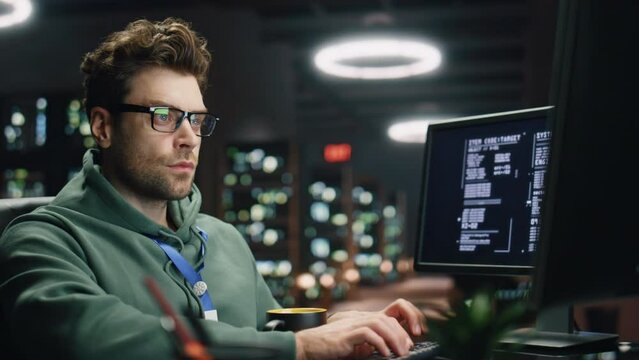 Focused man coding computer keyboard night datacenter closeup. Programer working