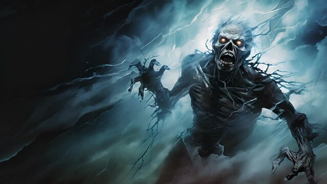 A gaunt and weathered zombie shuffling slowly forward illuminated by eerie flashes of lightning.