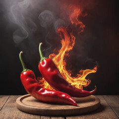 Spicy Fire, Red chili peppers sharp red siliculose pepper against a smoke and flame, Smoldering chili pepper adding spice to dishes, Red hot chili peppers