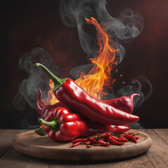 Spicy Fire, Red chili peppers sharp red siliculose pepper against a smoke and flame, Smoldering chili pepper adding spice to dishes, Red hot chili peppers - obrazy, fototapety, plakaty