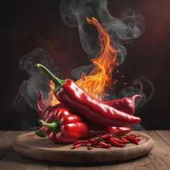 Crédence de cuisine en verre imprimé Piments forts Spicy Fire, Red chili peppers sharp red siliculose pepper against a smoke and flame, Smoldering chili pepper adding spice to dishes, Red hot chili peppers