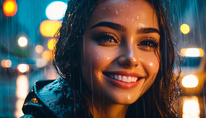 A woman smiling with rain drops on her face