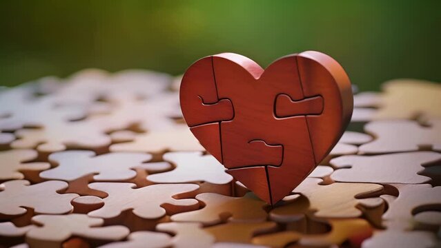 A plain, wooden puzzle piece, gradually transforming into a heartshaped piece, symbolizing how love can fill in the missing pieces and make us whole.