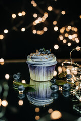 blueberry cupcakes sprinkled with chocolate chips in lights