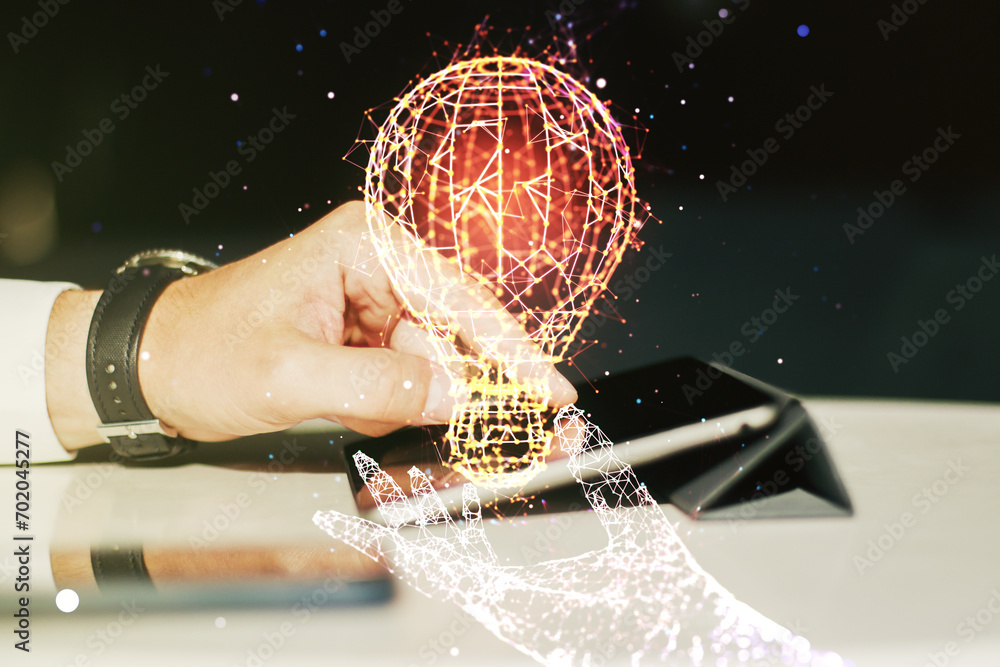 Poster creative light bulb hologram and hand working with a digital tablet on background, idea concept. mul
