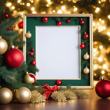 Empty photo frame with christmas theme, christmas decoration, pine christmas tree with full light lamps and cheerful
