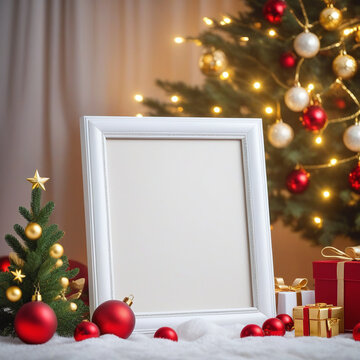 Empty photo frame with christmas theme, christmas decoration, pine christmas tree with full light lamps and cheerful