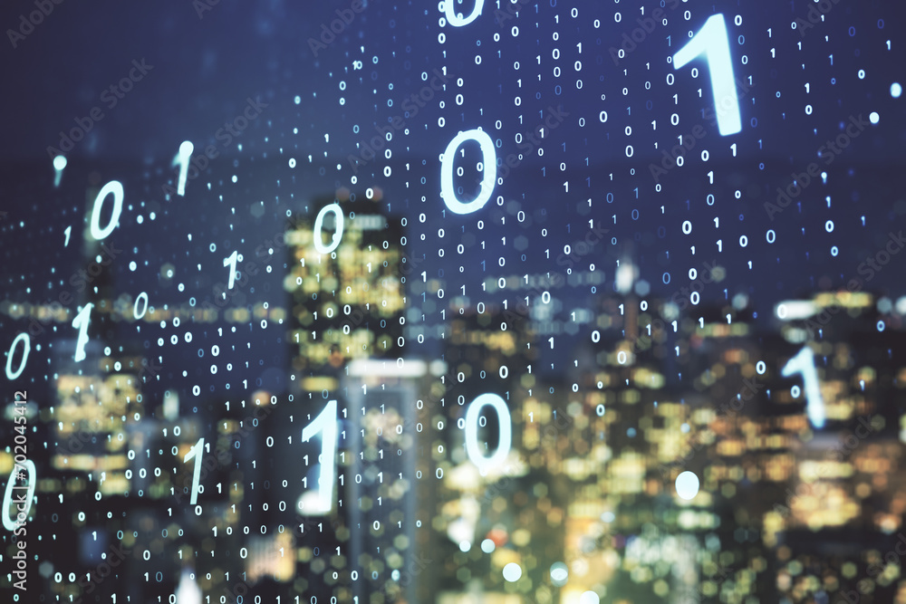 Leinwandbilder abstract virtual binary code sketch on blurry office buildings background, hacking and matrix concep