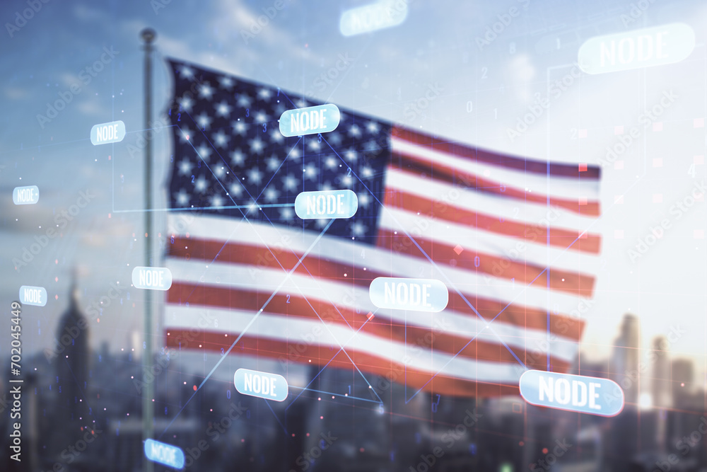 Poster multi exposure of abstract programming language hologram on us flag and city background, artificial 