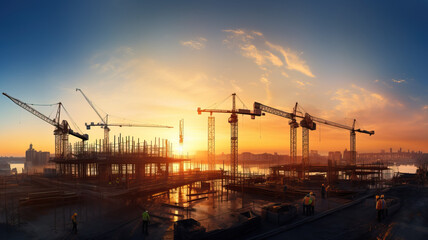 Fototapeta na wymiar Construction site panorama at sunset