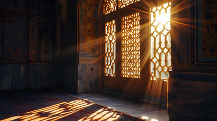 Warm Sunlight trough the islamic mosque windows ornament. view from the inside. - obrazy, fototapety, plakaty