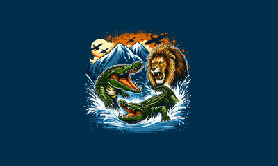 lion and crocodile fight on mountain vector artwork design