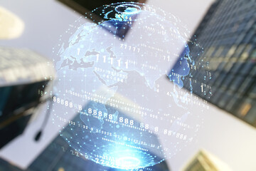 Double exposure of abstract creative programming illustration and world map on blurry cityscape background, big data and blockchain concept