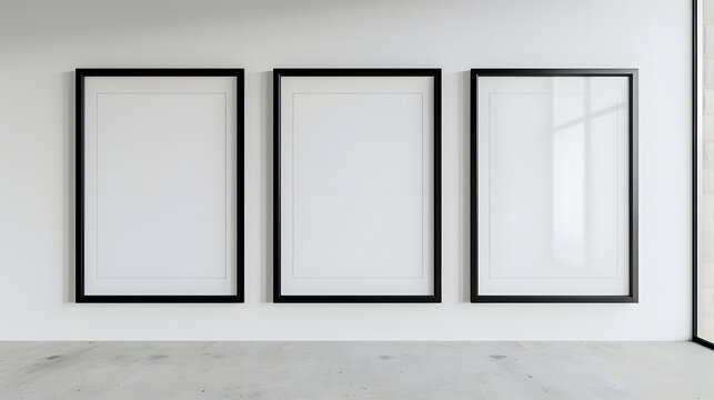 Portrait of three blank white picture on white background for mock up, copy space.	