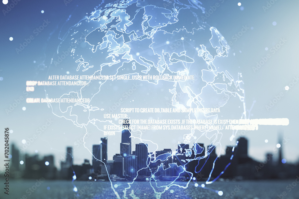 Poster abstract virtual coding concept and world map hologram on san francisco skyline background. multiexp
