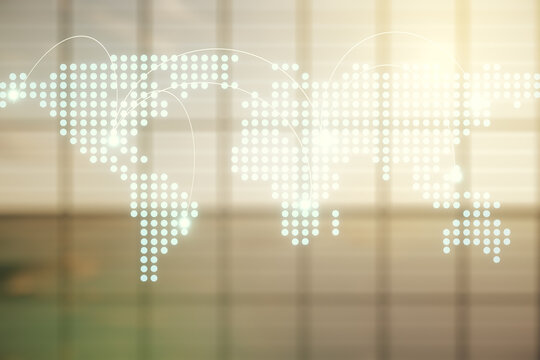 Abstract virtual world map with connections on empty corporate office background, international trading concept. Multiexposure