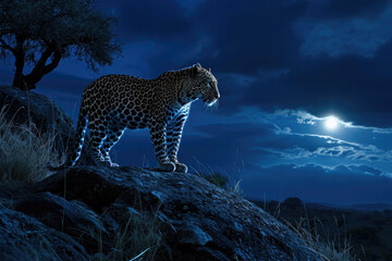 A leopard in the moonlight, with its coat illuminated by the soft glow