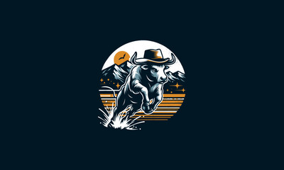 bull running wearing hat on mountain vector logo design