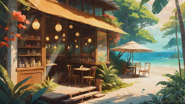 restaurant on tropical beach with sea and trees in summer holiday. Cartoon or anime watercolor digital painting illustration style. seamless looping 4k video animation background.