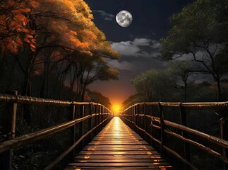 The beautiful bridge road that goes through the moonlight on a beautiful night, beautiful night background
