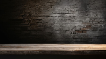 natural wooden background with old wood table with blurred concrete block wall in dark room.