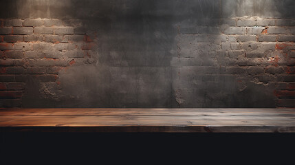 old wood table with blurred concrete block wall in dark room. natural wooden background