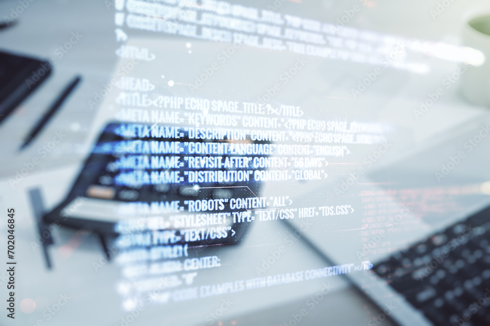 Poster abstract virtual coding illustration on blurry calculator and computer background, software developm