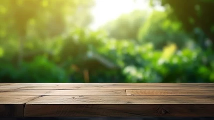 Tuinposter wooden table space with green home backyard view blurred © Aura