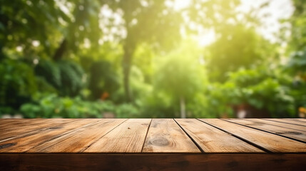 wooden table space with green home backyard view blurred background