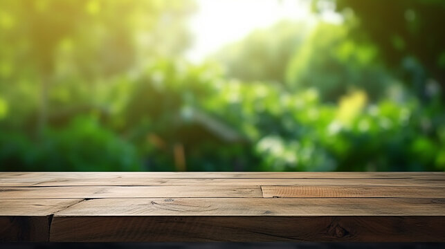 wooden table space with green home backyard view blurred