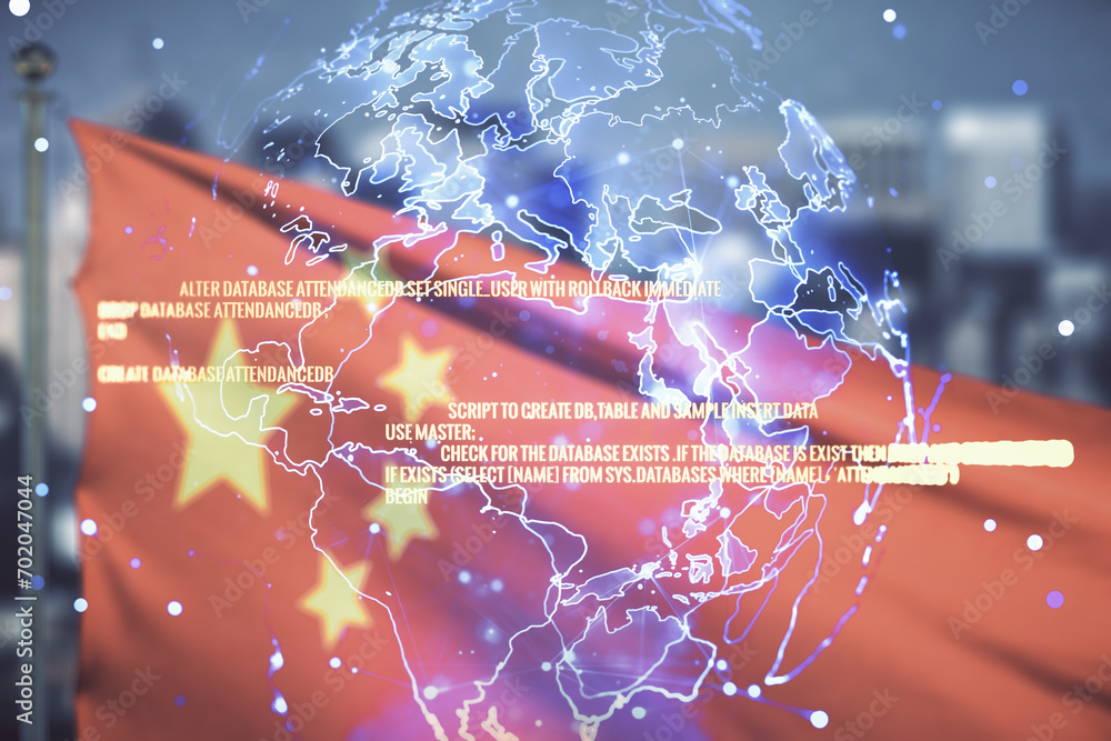 Poster abstract virtual coding concept and world map hologram on flag of china and blurry cityscape backgro