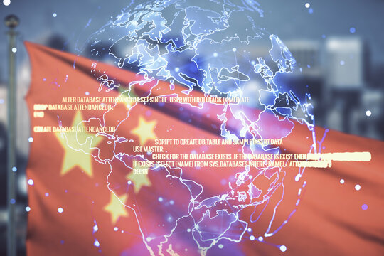 Abstract virtual coding concept and world map hologram on flag of China and blurry cityscape background. Multiexposure