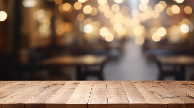 empty light wooden table top with blurred in coffee shop