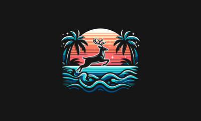 Naklejka premium deer jump on beach and palm vector logo design
