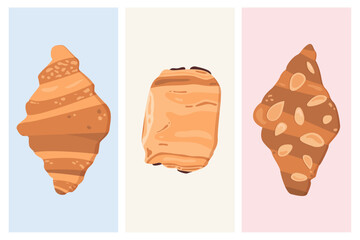 French pastry illustration set. Plain croissant, pain au chocolat and almond croissant vector graphics. 