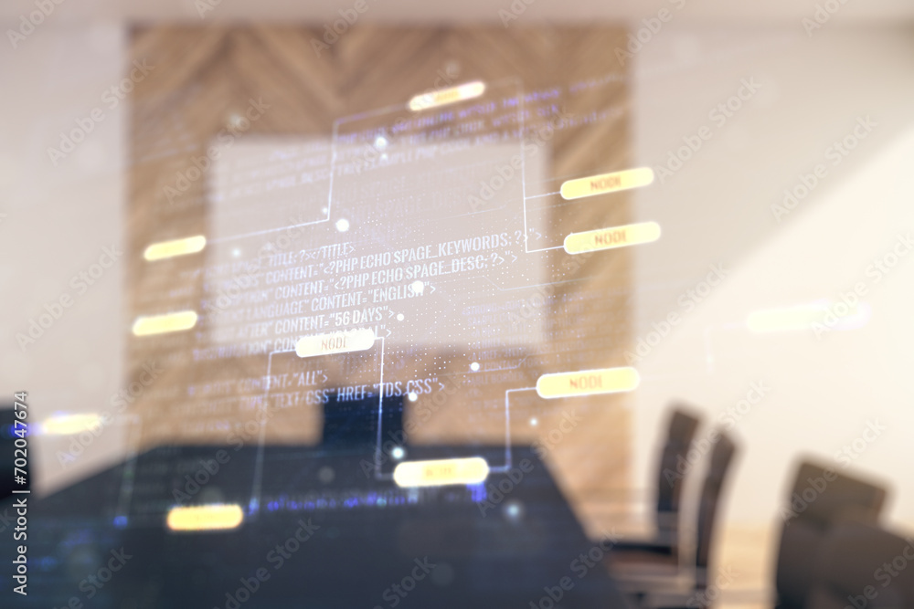 Poster multi exposure of abstract creative coding sketch on a modern conference room background, artificial