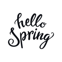 Hello Spring. Vintage lettering, hand drawn style. Calligraphy, pen brush. For stickers, posters, postcards, design elements, holiday, card and invitation.