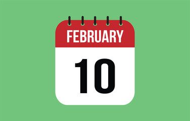 10 February calendar icon. Green calendar vector for February weekdays. Calendar page design on isolated background