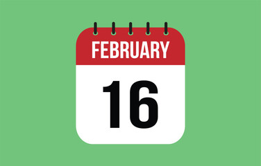 16 February calendar icon. Green calendar vector for February weekdays. Calendar page design on isolated background