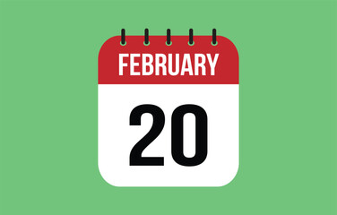 20 February calendar icon. Green calendar vector for February weekdays. Calendar page design on isolated background