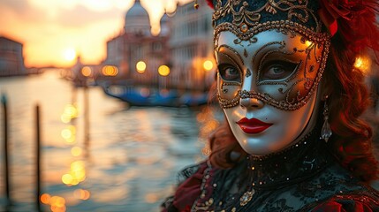 woman wearing a colorful eleborate venetian carneval mask