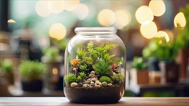 Closeup of a tiny terrarium, filled with miniature plants and serving as a unique piece of decor in the office.