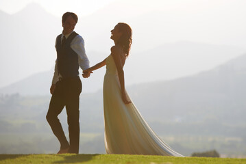 Walking, park or happy couple in wedding for outdoor celebration, care or ceremony event. Marriage,...