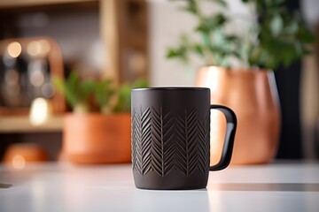 Close up photo of black mug on wooden table, indoor summer background