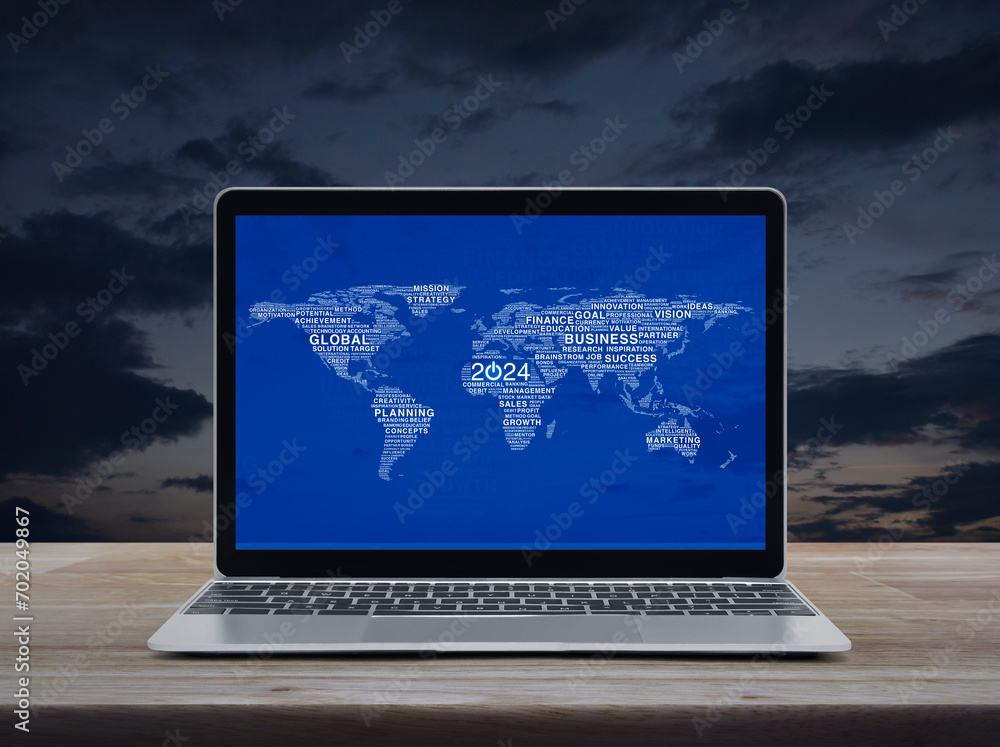 Poster start up 2024 business icon with global words world map with laptop computer screen on table over su